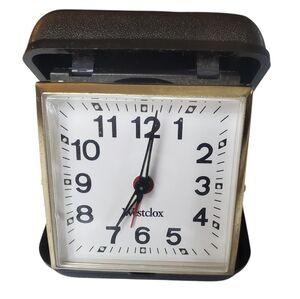Vntg Westclox Brown and Gold Travel Alarm Clock In Case. Wind Up. 70s
